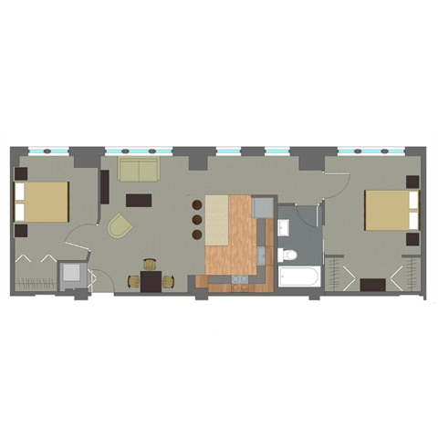 A floor plan of a house with a kitchen, living room, and two bedrooms.